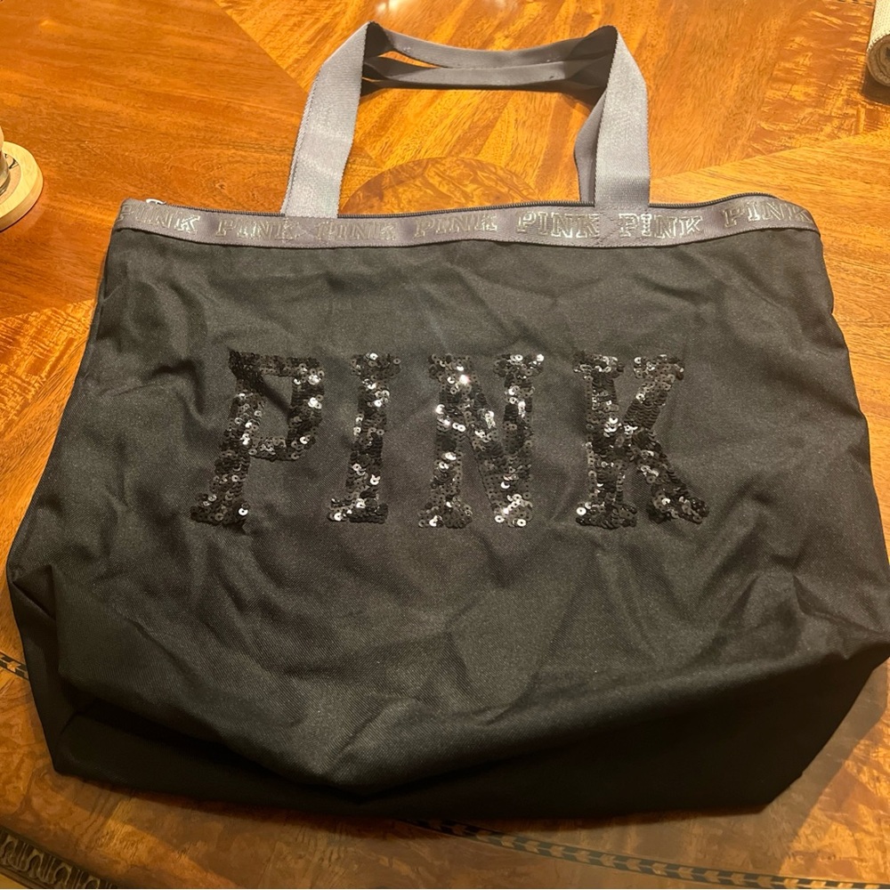 PINK Victoria's Secret Black Sequin Tote Bag weekender rare!